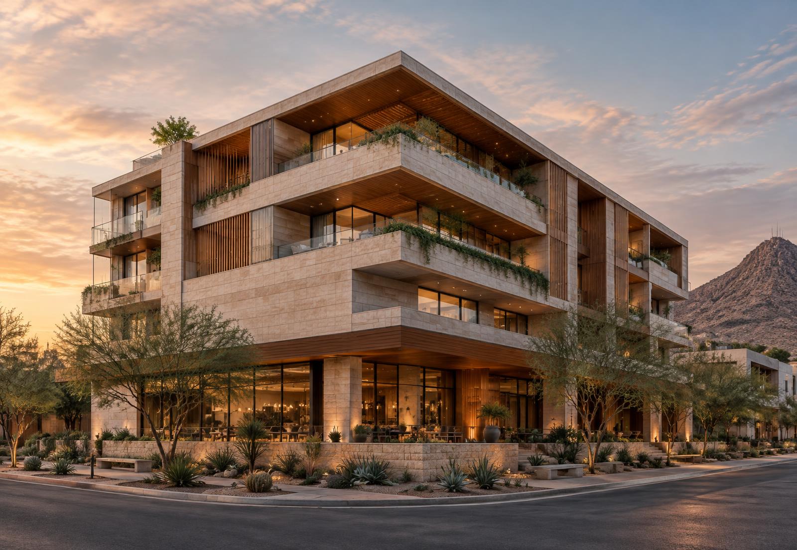 Edificio contemporáneo de uso mixto con fachada de piedra clara, madera y terrazas al atardecer